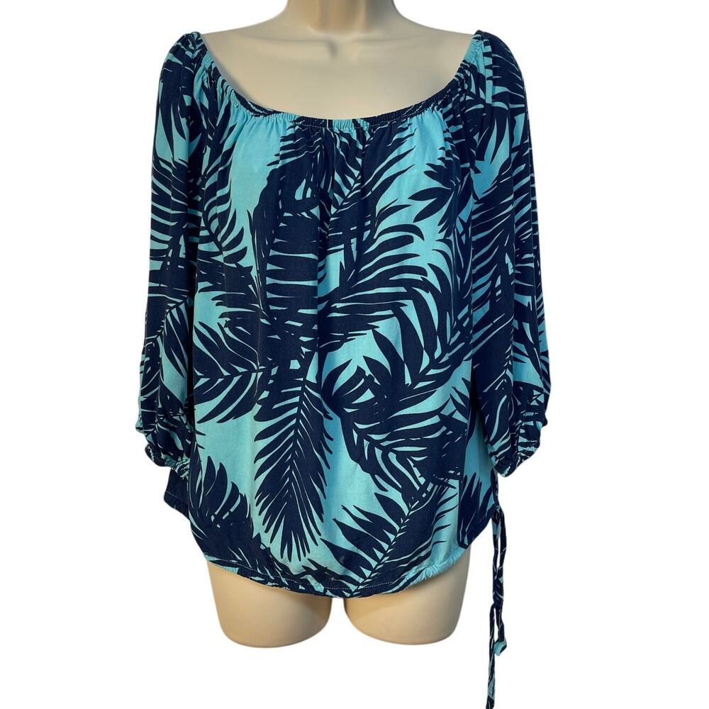 Escapada Living 3/4 Sleeve Round Elastic Neck Top Azure/Navy Blue Size L